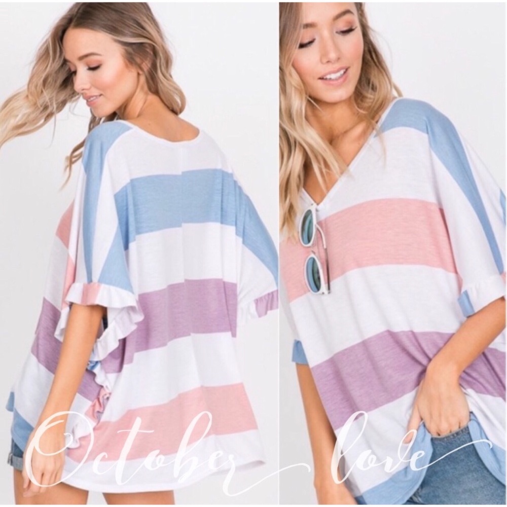 LAST ONE Pastel Color Striped Top with Ruffle Trim - Picture 4 of 5